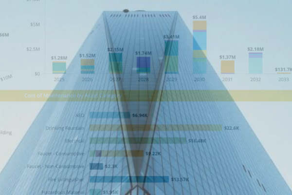 Tall glass skyscraper overlaid with a semi-transparent multi-year cost chart and bar graphs, combining architecture with financial data visualisation.