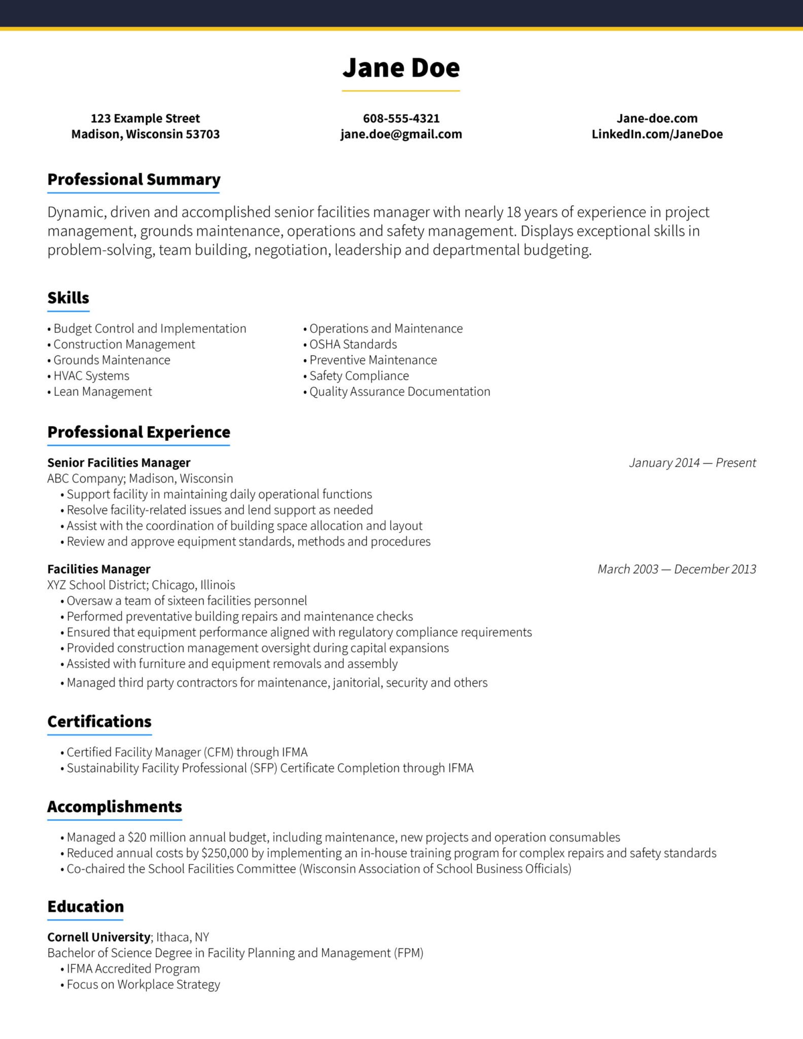 Facilities Manager Resume Sample – AkitaBox