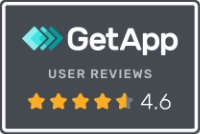 GetApp user reviews badge showing a 4.6 rating with five orange stars, on a dark panel