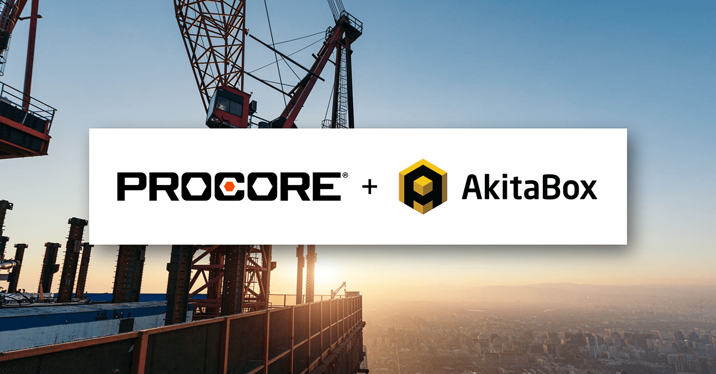 Procore & AkitaBox logos with an industrial crane and sunset in the background