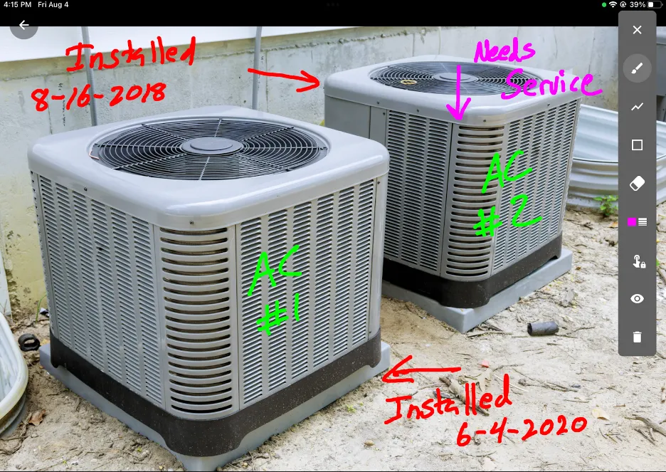 Two air conditioning units are marked up with details about installation.