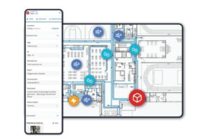 Floor plan blueprint with blue status markers and a red cube icon, overlaid by a smartphone displaying an asset monitoring app.