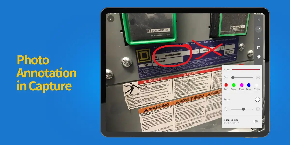 Showing photo annotation in action in AkitaBox Capture. In the image of a facility asset, a serial number is circled to highlight, while a similar number to the side of it is crossed out.