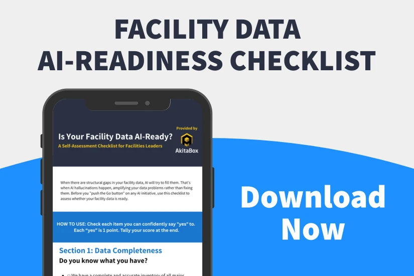 Hero promo for Facility Data AI-Readiness Checklist, featuring a phone screen with the checklist and a blue 'Download Now' prompt.