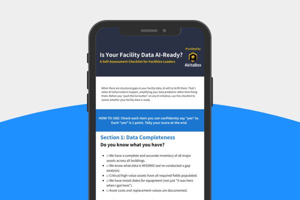 Smartphone screen showing an app titled 'Is Your Facility Data AI-Ready?' with a data completeness checklist and bulleted items.