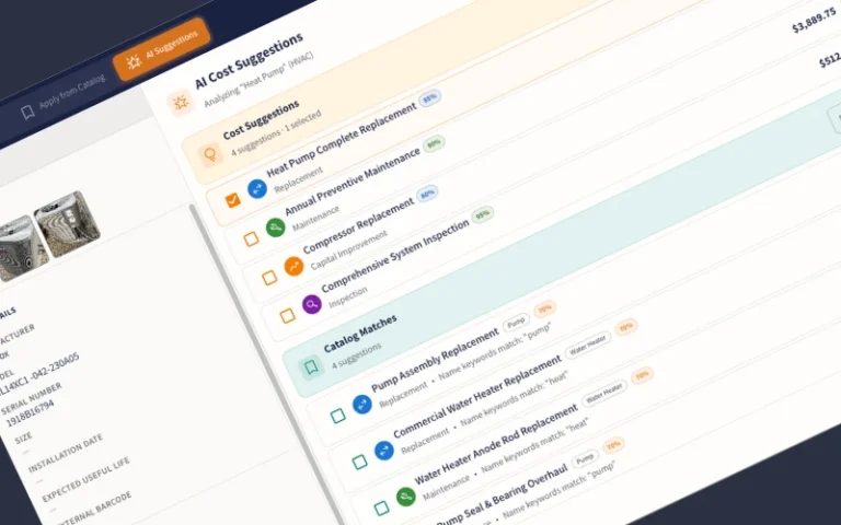 Dashboard screen showing AI Cost Suggestions panel with a list of maintenance and replacement tasks, each with colored icons and checkboxes on the right side panel.