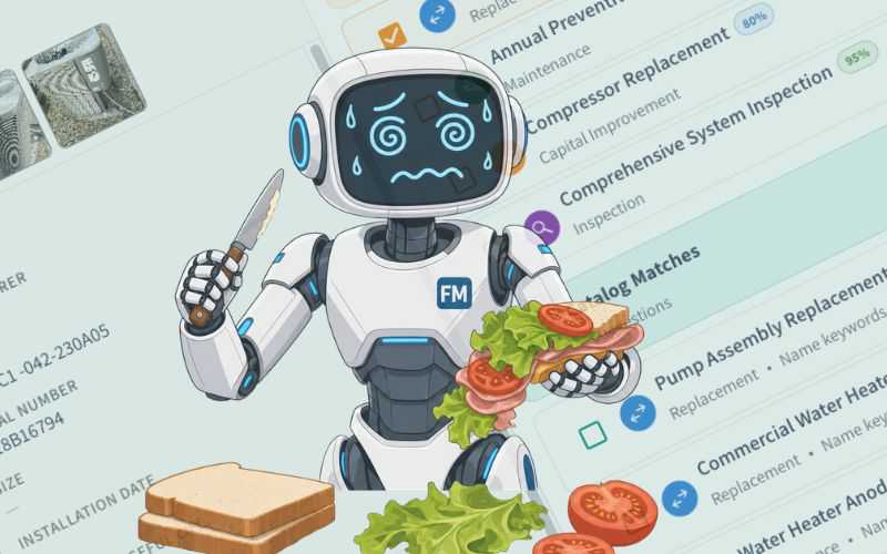 Cheerful white robot holding a knife and a sandwich, with a maintenance task list on a pale screen behind it.