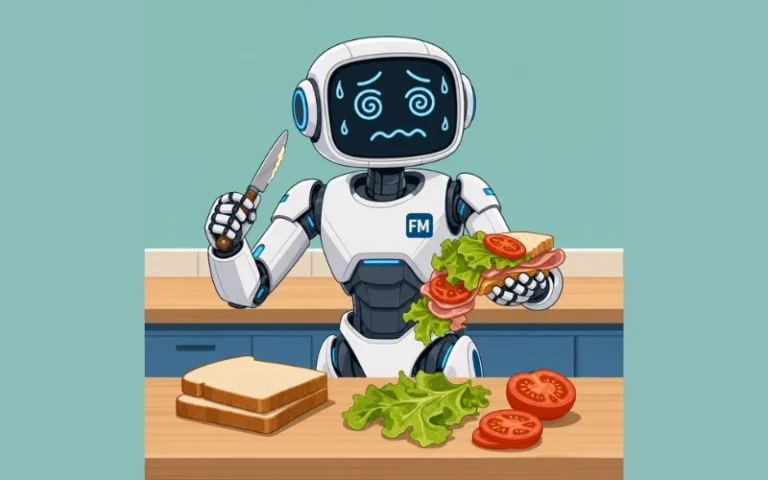Cartoon robot in a kitchen, sweating, holding a knife and assembling a sandwich with lettuce and tomato.