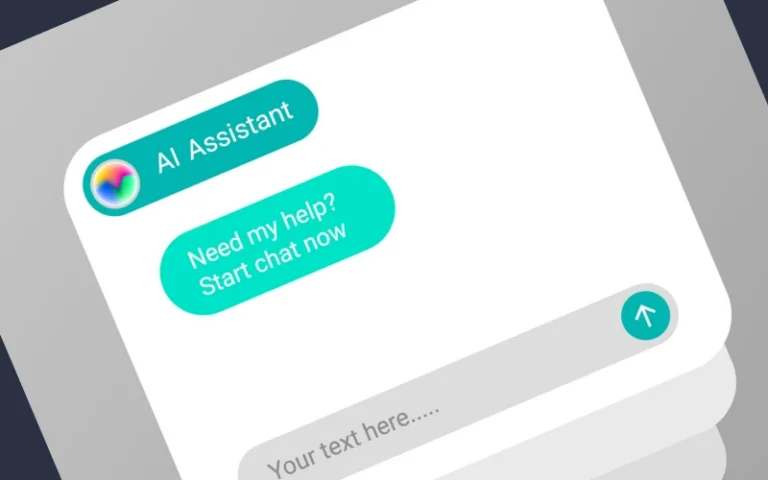 Chat UI featuring an AI Assistant with two teal speech bubbles: 'AI Assistant' and 'Need my help? Start chat now', plus a text input field below