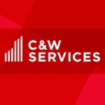 C&W SERVICES logo in white on a red geometric background