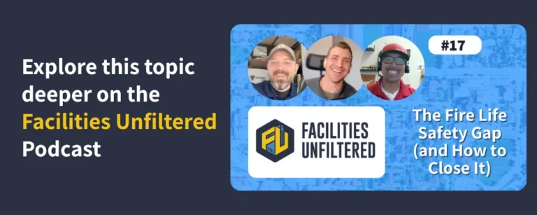 Promo banner for Facilities Unfiltered Podcast, Episode 17: The Fire Life Safety Gap (and How to Close It), featuring three host photos and the Facilities Unfiltered logo.