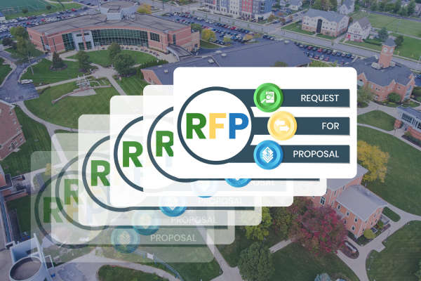 Aerial campus view with layered RFP cards showing 'Request for Proposal' and colored icons for procurement.