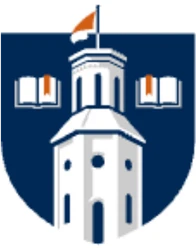 University crest: white tower on a blue shield with two open books on either side.