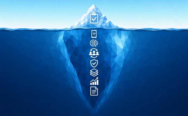Iceberg with a vertical stack of white icons underwater, representing hidden IT services (clipboard, phone, brain, people, shield, layers, chart, document).
