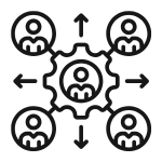 Central gear hub connected to four people icons by arrows, illustrating collaborative teamwork.