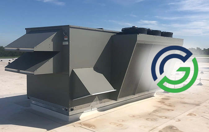 Rooftop air handling unit on a flat roof, with a circular energy efficiency logo overlaid.