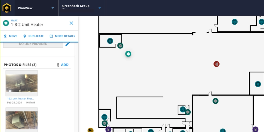 Floor plan view of a building showing HVAC icons (blue circles and green gears) marking equipment locations; left sidebar lists photos of a 1-B-2 unit heater.